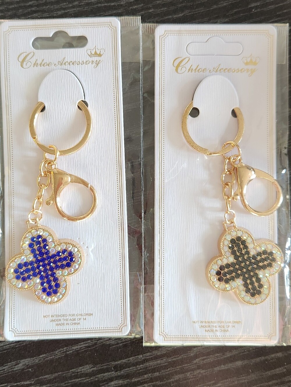 Gold Keychain with Blue and Black Crystal Flower Charms